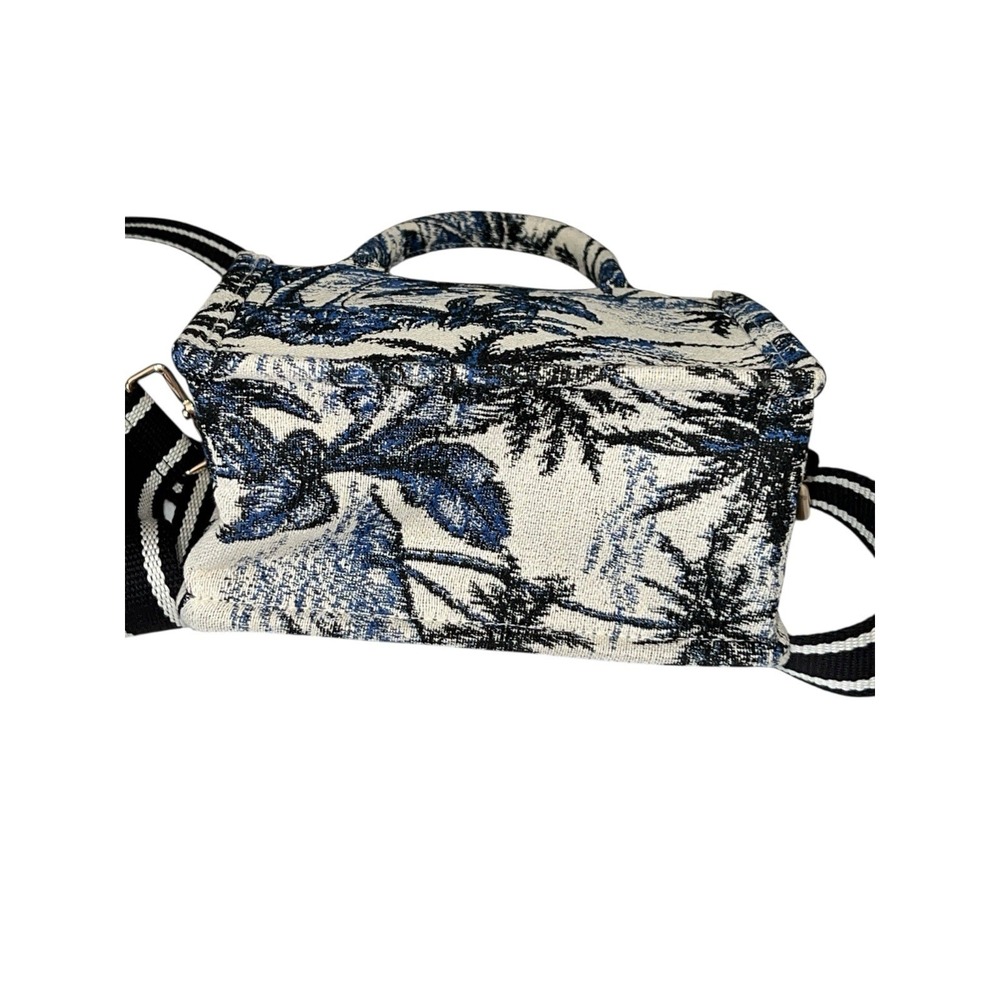 H&M Mini Tote Jacquard Tote Palm Tree Leaf Tropical Bag Crossbody Strap Blue EUC - Picture 5 of 11